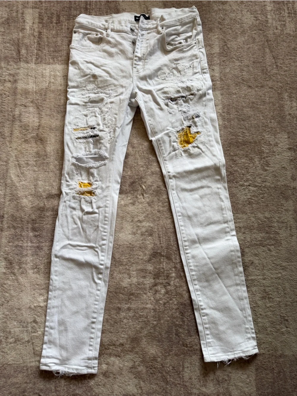 Purple Brand P001 White Distressed Patchwork Jeans Mens Size 34 Plaid Underlay